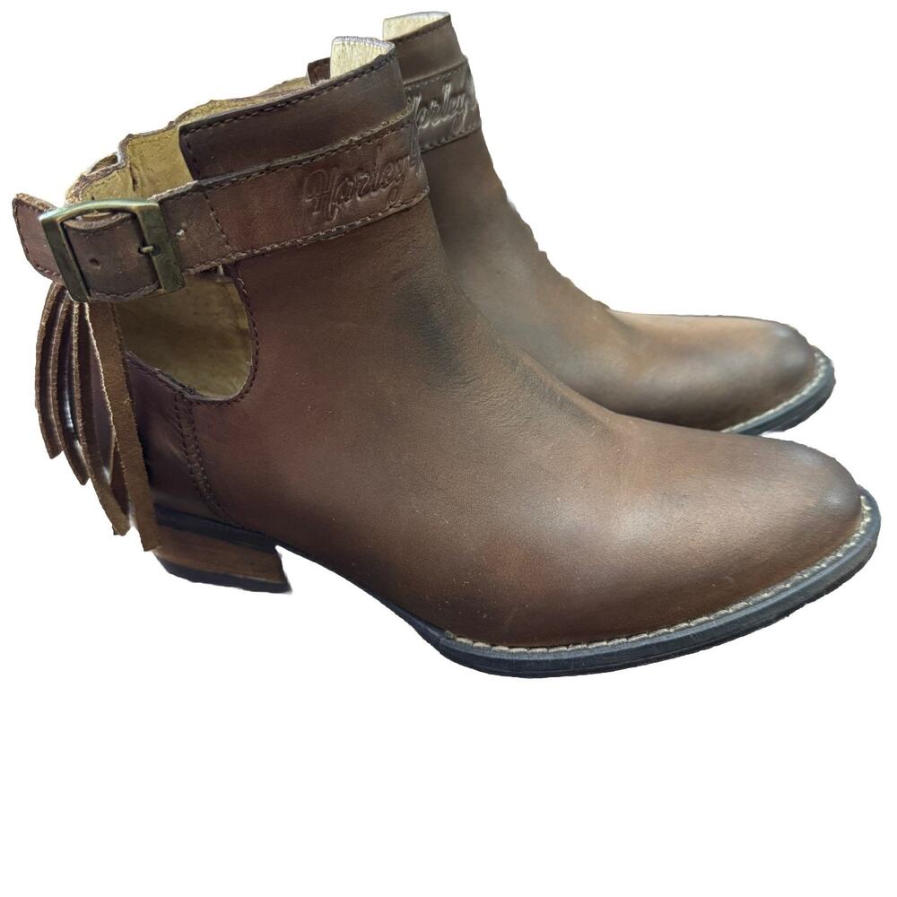 Harley Davidson Amory Brown Fringe Ankle Boots Buckle Leather Sz 7